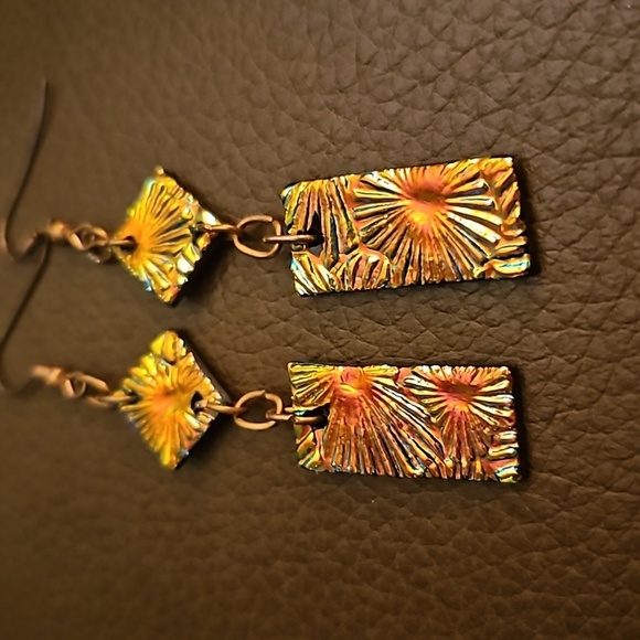 VTG Artisan Copper Dichroic Glass Cubism Dangle Hook Earrings - Picture 3 of 6